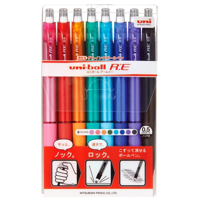 Uni Erasable Knock Ballpoint Pen, Uni-Ball R:E, 8 color assorted (URN180058C)