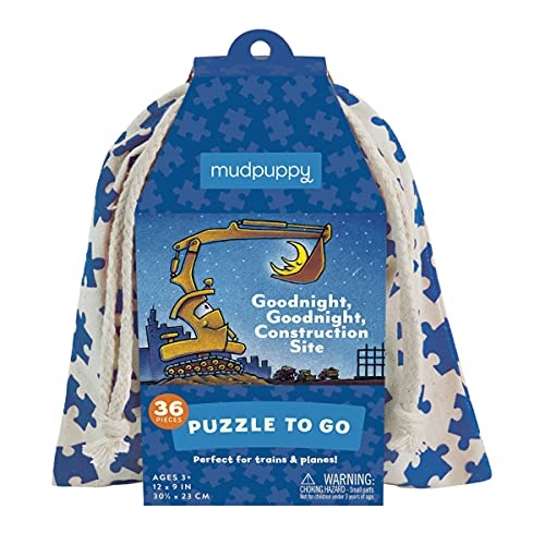 Mudpuppy Goodnight, Goodnight Construction Site Puzzle to Go, 36 Pieces, 12”x9” – Ages 3+ - with Artwork from The Popular Book – Packaged in Travel-Friendly Drawstring Fabric Pouch – Great for Planes