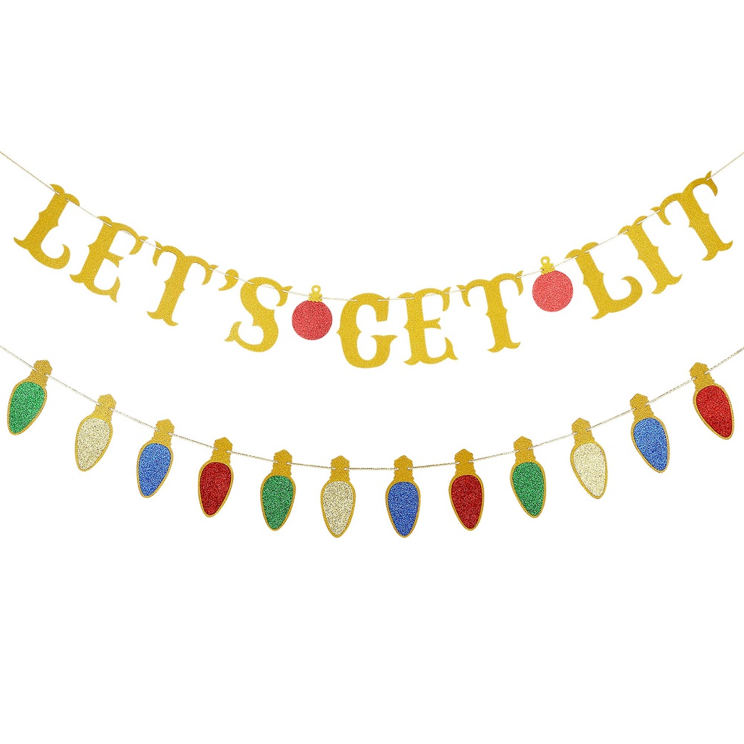 Gold Glittery Let's Get Lit Banner and Glittery Christmas Lightbulb Themed Banner- Lets Get Lit Party Decorations, Christmas Party Decorations, Lets Get Lit Garland, Christmas Decoration for Home Office Fireplace Mantle