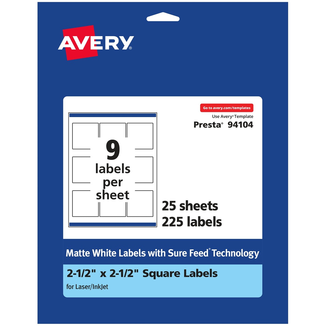 Avery Matte White Square Labels with Sure Feed, 2.5" x 2.5", 225 Matte White Printable Labels