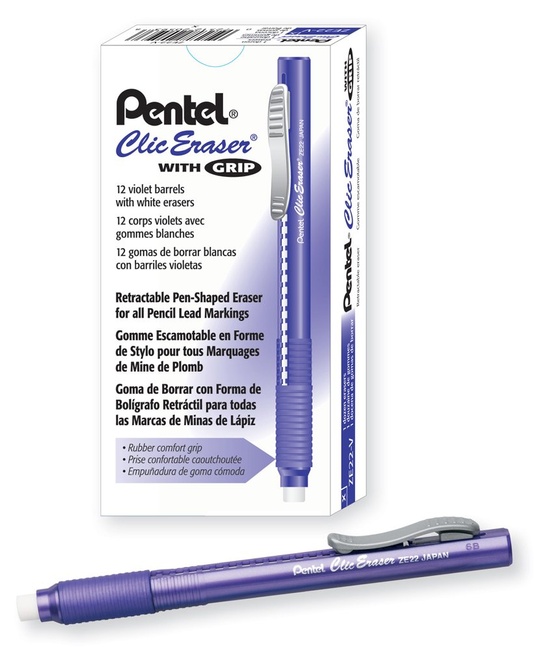 Pentel ZE22V, Clic Eraser Grip, Retractable Eraser, Violet Barrel, Box of 12