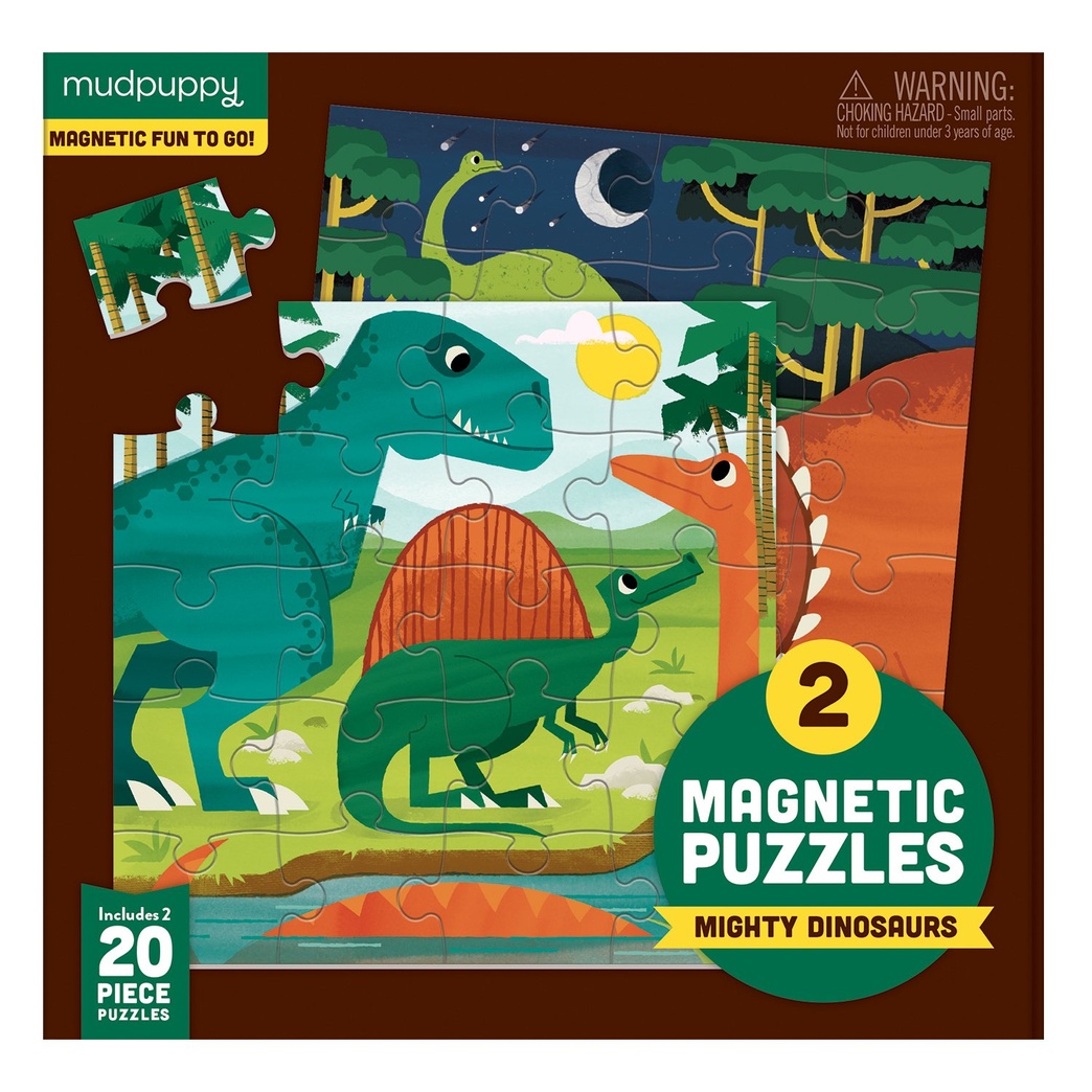 Mudpuppy 9780735355675 Mighty Dinosaurs Magnetic Jigsaw Puzzle, Two 20-Piece Puzzles in Tri-Fold Travel Portfolio, Ages 4 and Up, Multicolor