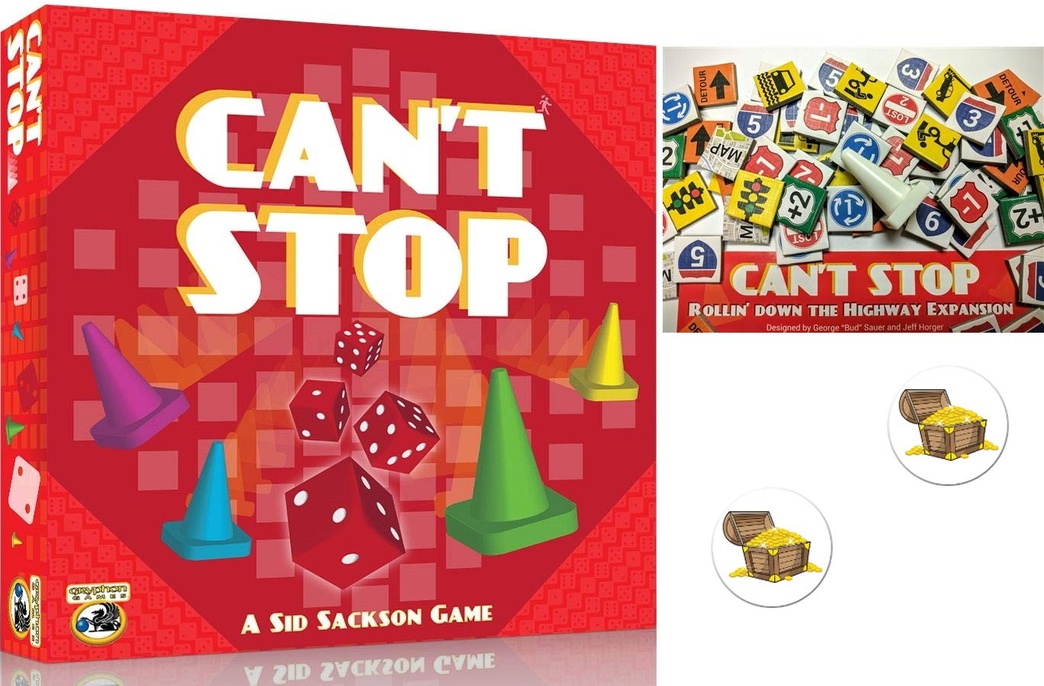 Can't Stop Board Game Bundle of Base Game and The Expansion Plus Two Treasure Chest Buttons