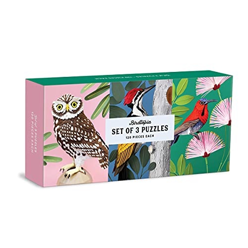 Galison Birdtopia Puzzle Set, Includes 3 Coordinating 120-Piece Puzzles, 5.5” x 8” Each – Art Puzzle with Illustrations by Diana Herrera Beltran, Thick Sturdy Pieces, Challenging Family Activity