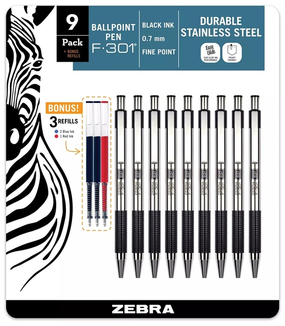 ZEBRA F-301 Ballpoint Retractable Pen, Black Ink, Fine Point Tip, 9 Pens per Pack Refillable Pens with Refill 0.7 mm Stainless Steel