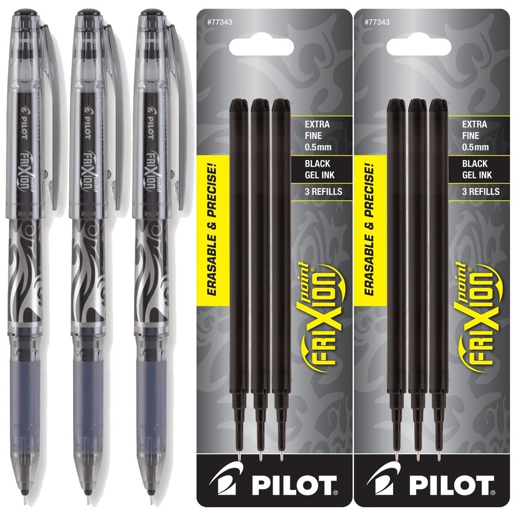Pilot Frixion Point Gel Ink Stick Pens, Erasable, Extra Fine Point 0.5mm, Black Ink, Pack of 3 with Bundle Refills
