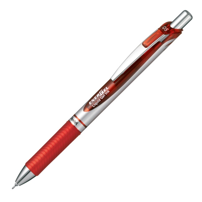 Pentel Energel Knock Ballpoint Pen, 0.5mm Needle Tip, Red Ink, Silver Body with Red Accent (BLN75Z-B)