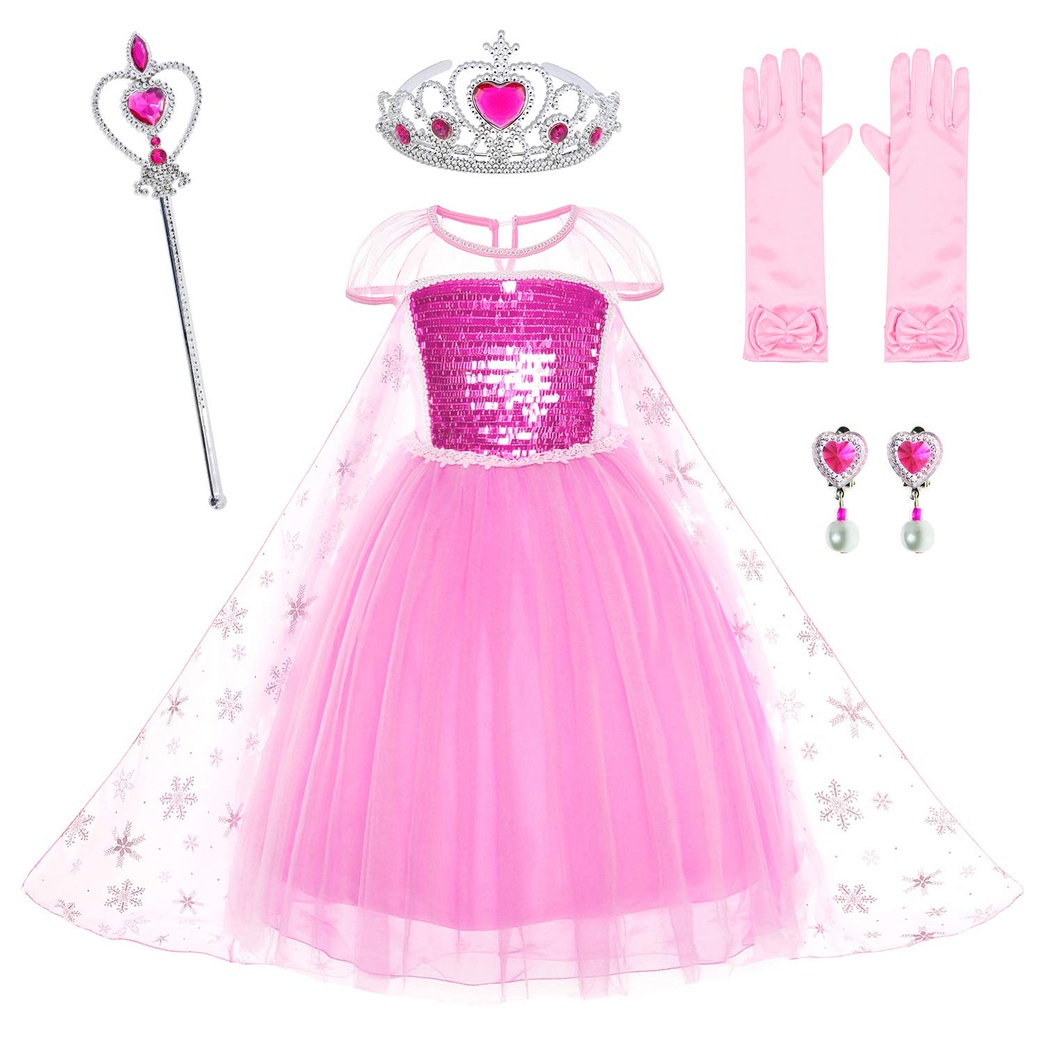 Party Chili Pink Princess Dress Costumes Birthday Dress Up for Little Girls with Crown,Mace,Gloves Accessories 8-10 Years(140cm)