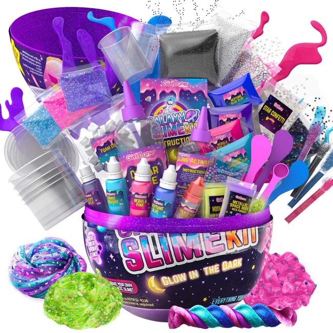 GirlZone Egg Surprise Galaxy Slime Kit for Girls, Measures 9.5 Inches High,  41 Pieces to Make DIY Glow in The Dark Slime with Lots of Fun Glitter Slime  Add In's, Great Gifts