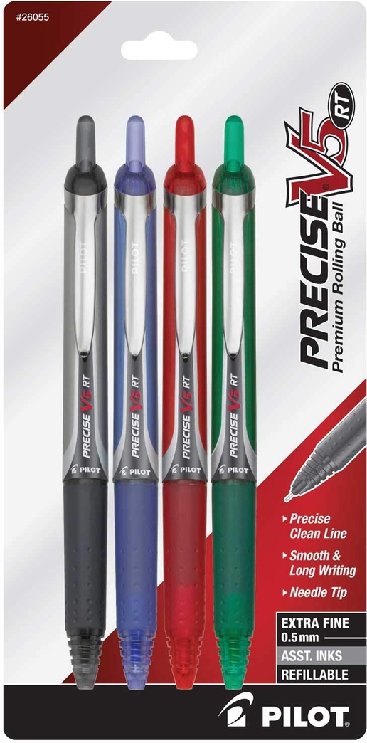 Pilot Precise V5 RT Rolling Ball Pens, Extra Fine, 4-Pack, Black/Blue/Red/Green Inks (26055) + Pilot Precise V5 RT Deco Collection Rolling Ball Pens, 4-Pack, Black/Blue/Red/Green Ink (41978) - Bundle