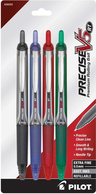 Pilot Precise V5 RT Rolling Ball Pens, Extra Fine, 4-Pack, Black/Blue/Red/Green Inks (26055) + Pilot Precise V5 RT Deco Collection Rolling Ball Pens, 4-Pack, Black/Blue/Red/Green Ink (41978) - Bundle