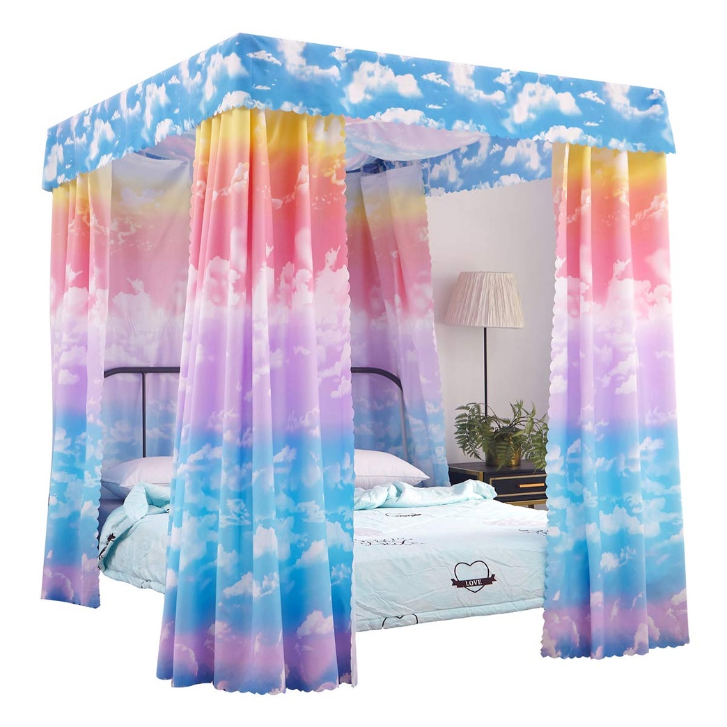 Mengersi Pink Cloud Sky Rainbow Canopy Bed Curtains Bed Drapes for Princess Kids Girls Full Size Bed