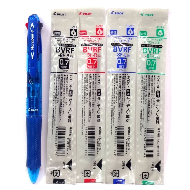 Pilot Acroball 4 Multi Color Ballpoint Pen, 0.7mm, Clear Blue Body + 4 Color Ink Refills (Black, Red, Blue & Green)