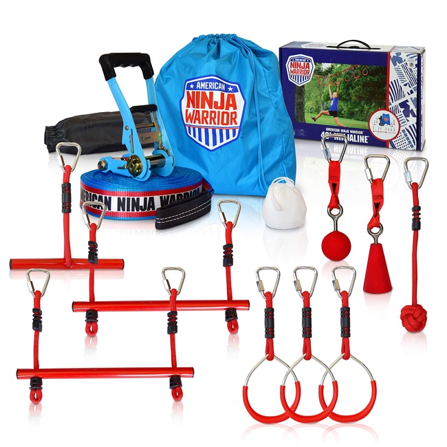 American Ninja Warrior 40' Deluxe NinjaLine - Includes 9 Hanging Attachments - Best American Ninja Warrior Training Equipment For Kids - Build Your Very Own Backyard Obstacle Course - Rated Ages 5+