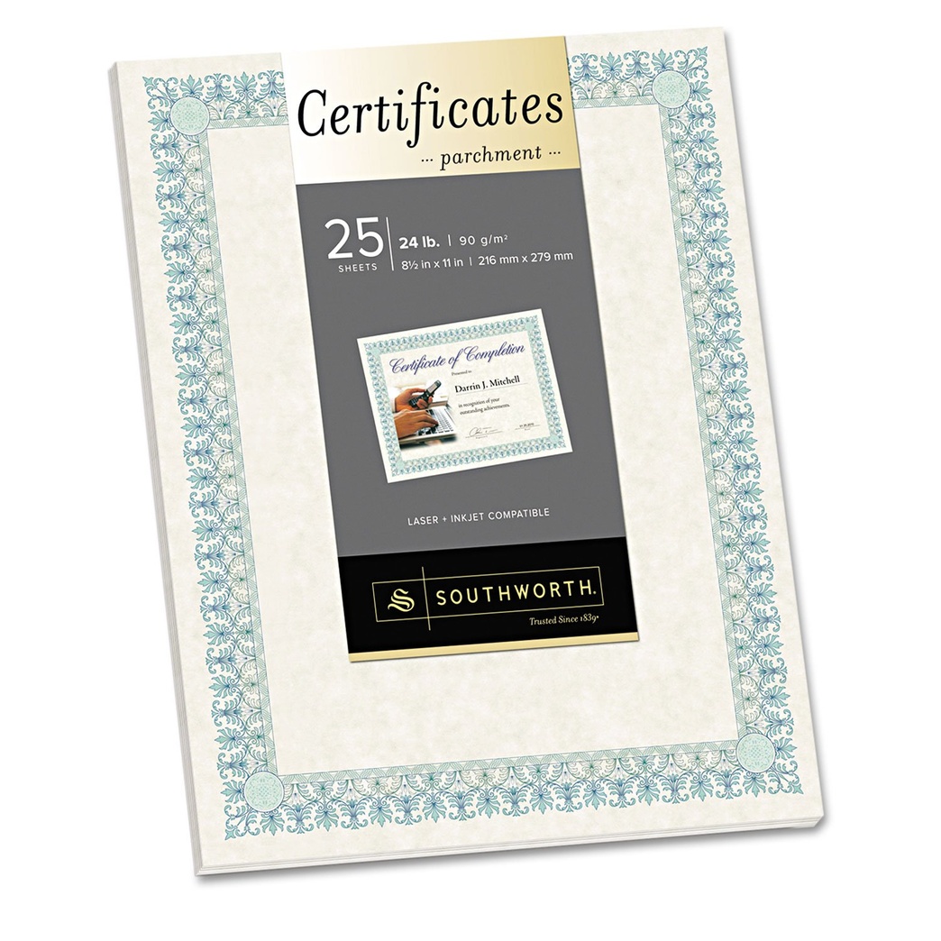 SOUCT3R Southworth CT3R Parchment Certificates Ivory w/Green & Blue Border 24 lbs. 8-1/2 x 11 25/PK