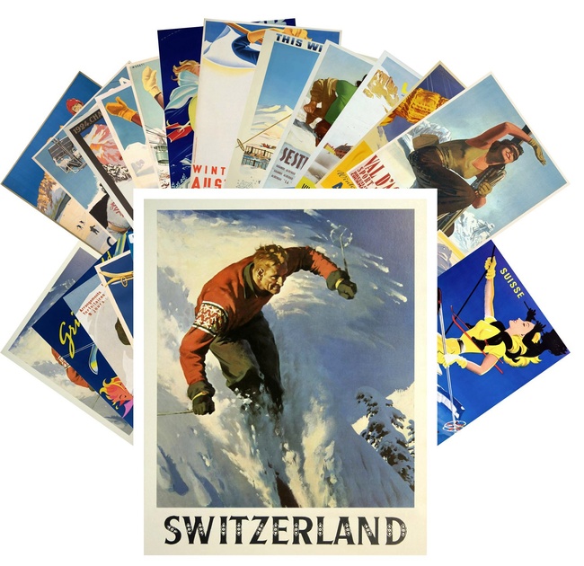 Postcard Pack 24pcs Ski Winter Sport Vintage Travel Poster Magazine