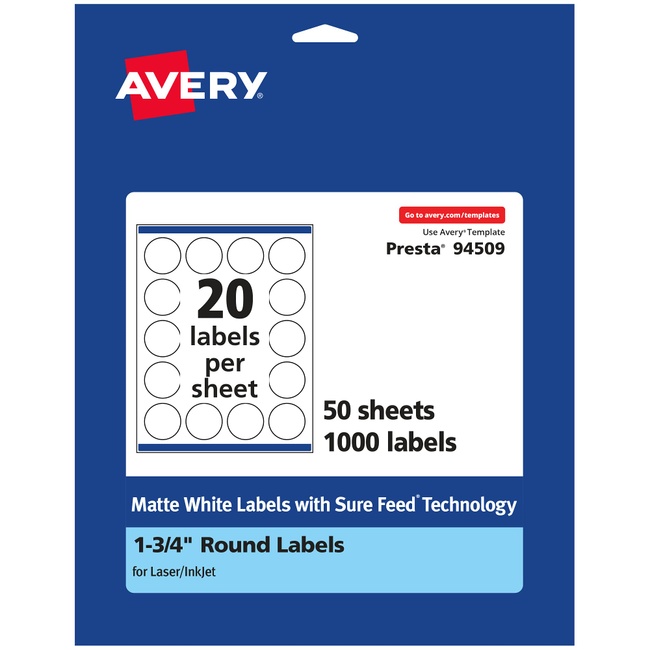 Avery Matte White Round Labels with Sure Feed, 1.75" diameter, 1,000 Matte White Printable Labels