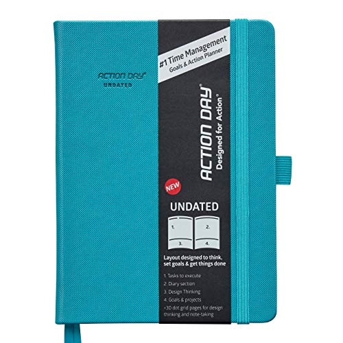 Action Day UNDATED Planner Weekly Monthly Diary, Calendar, Highly-Rated Bias for Action Design to Make Better Decisions & Get More Done, Pen Loop, Bookmarks, Note-Taking, Pocket, Turquoise, 6X8