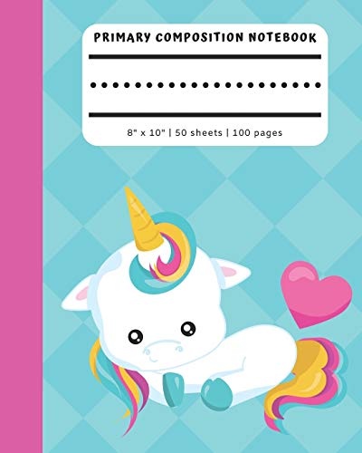 Primary Composition Notebook: With Picture Space - Unruled Top (Half Blank), Dotted Midline Ruled Bottom | Baby Unicorn Pink Heart Notebook with Blue ... (Early Childhood Learning Composition Books)