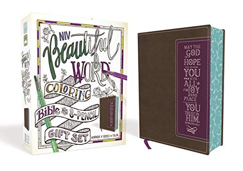 NIV, Beautiful Word Coloring Bible and 8-Pencil Gift Set, Leathersoft, Brown/Purple: Hundreds of Verses to Color
