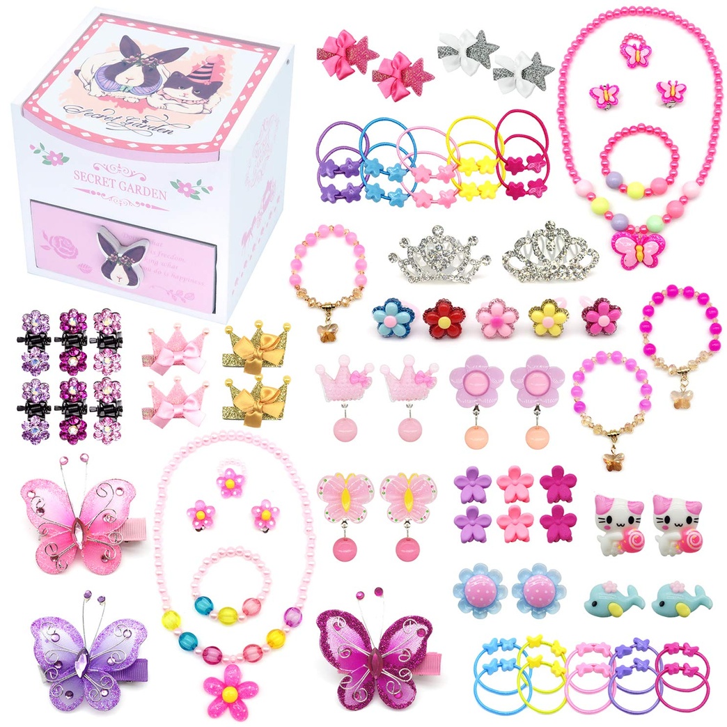 Elesa Miracle Little Girl Kids Wood Jewelry Box and 75 Pieces Girl Princess Jewelry Dress Up Accessories Toy Playset Set