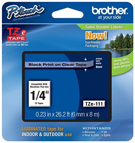 Genuine Brother 1/4" (6mm) Black on Clear TZe P-Touch Tape for Brother PT-D400, PTD400 Label Maker