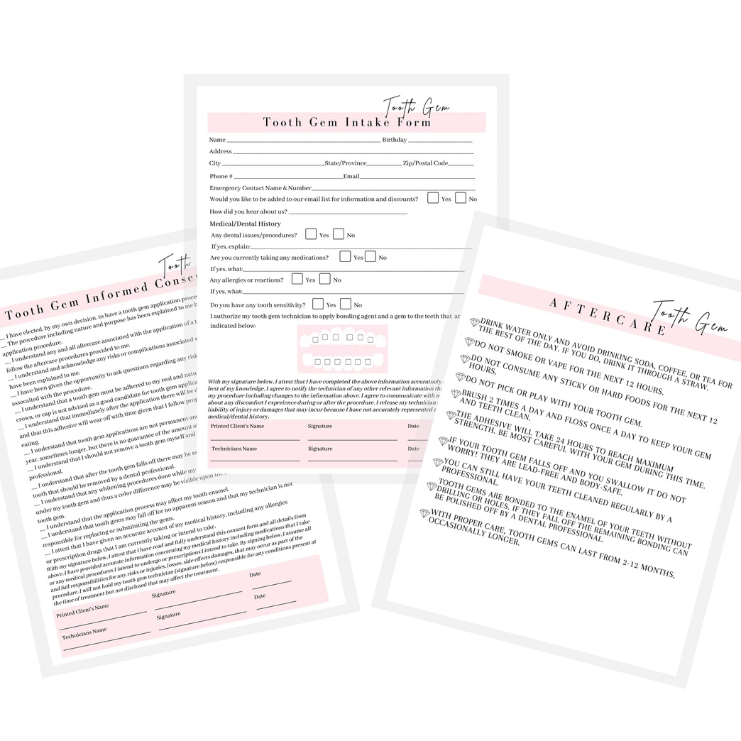 Boutique Marketing LLC Tooth Gem Consent Form, Intake Form, Aftercare Form | 75 Pack | 8.5x11 inch Paper Size Form | 25 Tooth Gem Consent Forms, 25 Client Intake Forms, 25 Tooth Gem Aftercare Forms