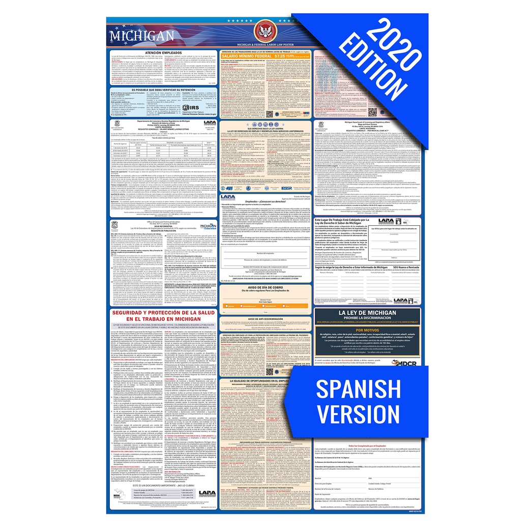 MI Labor Law Poster, 2022 Edition - State, Federal and OSHA Compliant Laminated Poster (Michigan, Spanish)