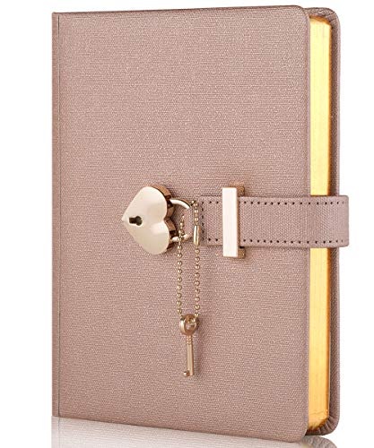 CAGIE Heart-Shaped Lock Diary with Key, Leather Journal Diary with Lock for Girls, B6 Cute Locking Journals for Kids, 5.3x7 Inch, Champagne