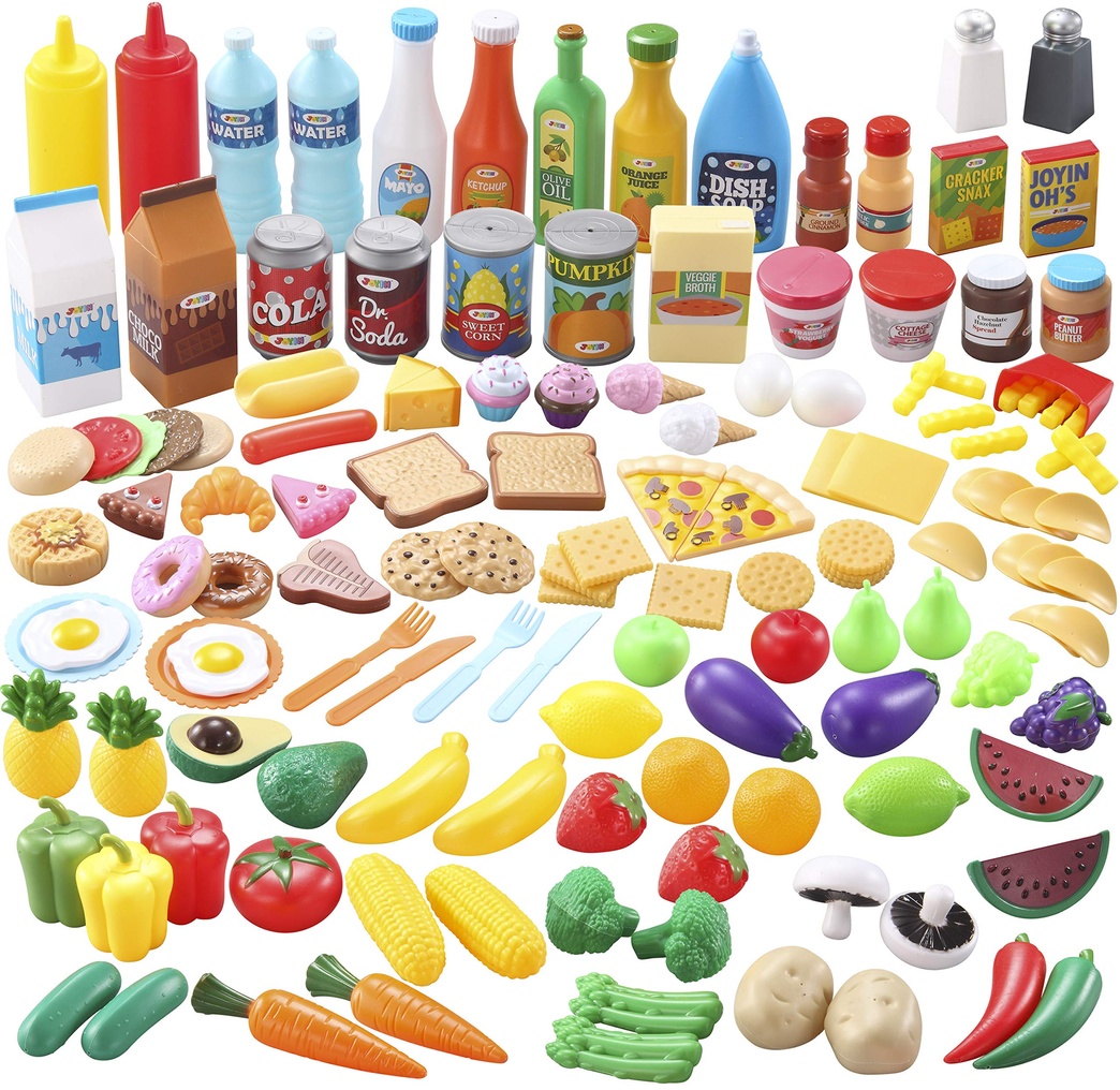 JOYIN 135 PCS Pretend Kitchen Play Food Toy with Fruit, Vegetable, Tableware, Bottle - Kids Education Kitchen Toy for Toddler Boys and Girls