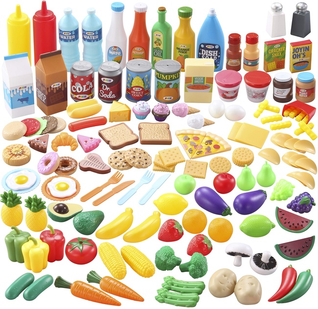 JOYIN 135 PCS Pretend Kitchen Play Food Toy with Fruit, Vegetable, Tableware, Bottle - Kids Education Kitchen Toy for Toddler Boys and Girls